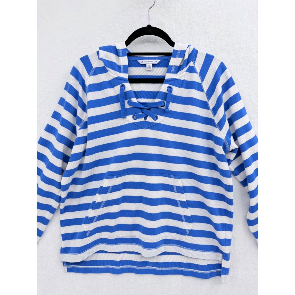 Southern Tide XL Blue White Striped Hoodie Sweatshirt Coastal Nautical Preppy